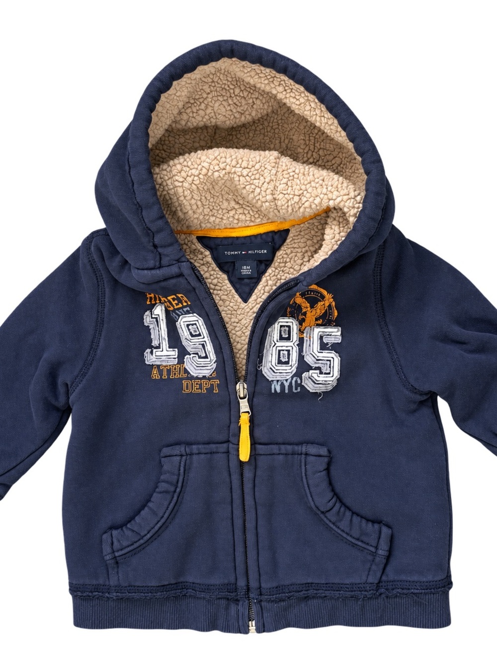 Tommy Hilfiger Navy Zip-Up Sherpa-Lined Hoodie with Yellow Accents 18 mos